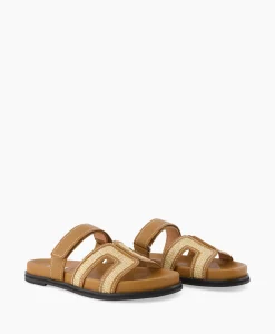 Bibi Lou Sandaal Zonder Hak Leather And Rafia Licht Bruin*Dames Sandalen