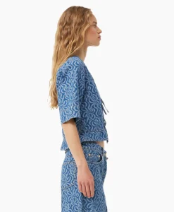 Ganni Blouse Jacquard Denim Flounce Tie Midden Blauw*Dames Blouses