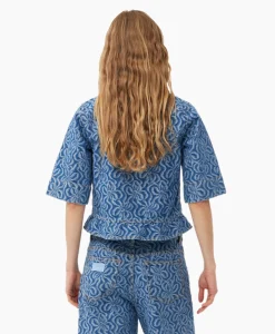 Ganni Blouse Jacquard Denim Flounce Tie Midden Blauw*Dames Blouses