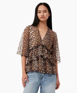 Ganni Blouse Pleated Georgette V-Neck Flounce Bruin*Dames T-Shirts & Tops