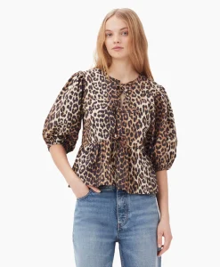 Ganni Blouse Printed Cotton Poplin Peplum Bruin*Dames Blouses