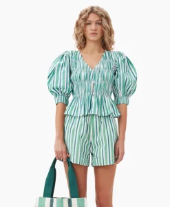 Ganni Blouse Stripe Cotton V-Neck Fitted Groen*Dames Blouses