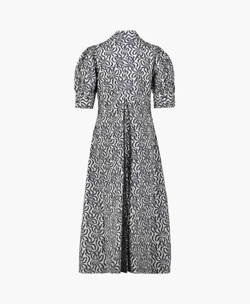 Ganni Midi Jurk Printed Cotton V-Neck Long Ecru*Dames Jurken