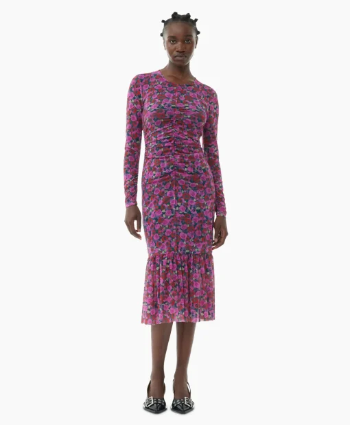 Ganni Midi Jurk Printed Mesh Long Sleeve Gathered Roze*Dames Jurken