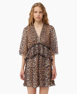 Ganni Mini Jurk Pleated Georgette V-Neck Flounce Bruin*Dames Jurken