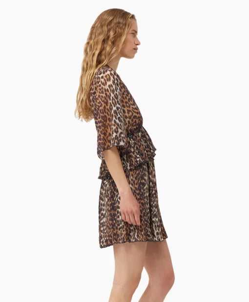 Ganni Mini Jurk Pleated Georgette V-Neck Flounce Bruin*Dames Jurken