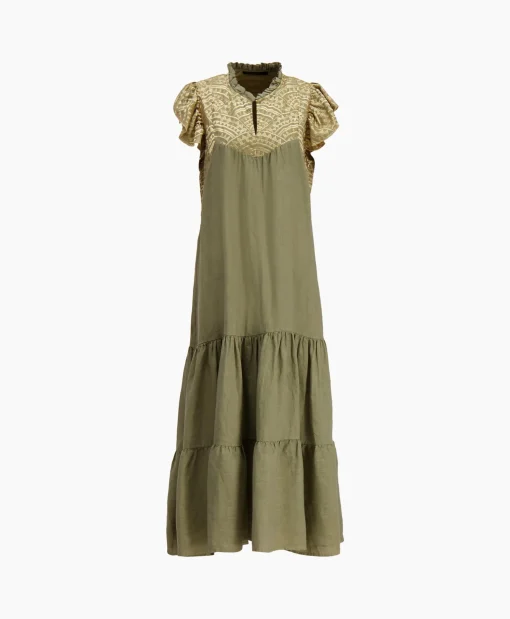 Greek Archaic Kori Maxi Jurk Long New All Over Sleeveless Ruffles Goud*Dames Jurken