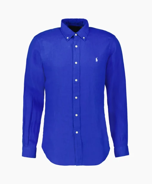 Ralph Lauren Overhemd Linen Midden Blauw*Heren Overhemden